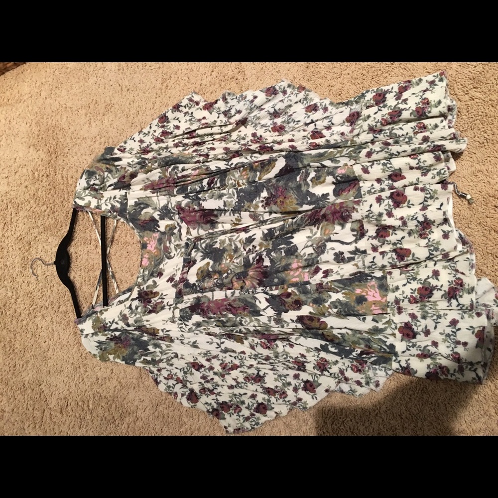 Free People White Floral Mini Dress with Pink and Green Print